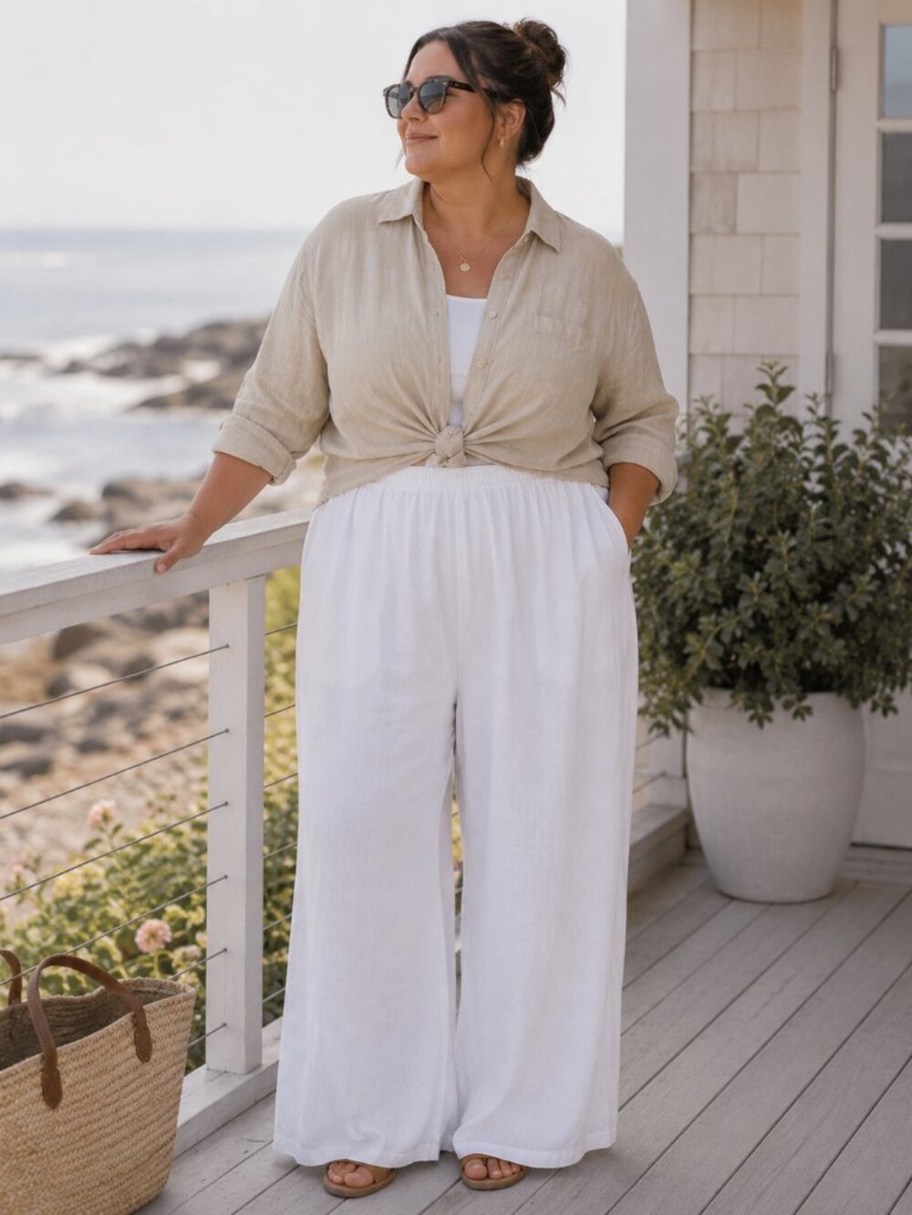 MR.MAX White Linen Blend High Rise Elastic Waist Wide Leg Pants Boho Coastal 3X